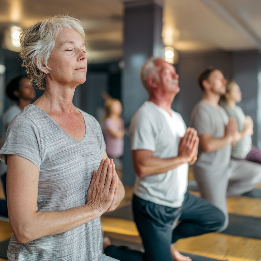 Group of middle-aged adults practicing gentle yoga in peaceful studio environment