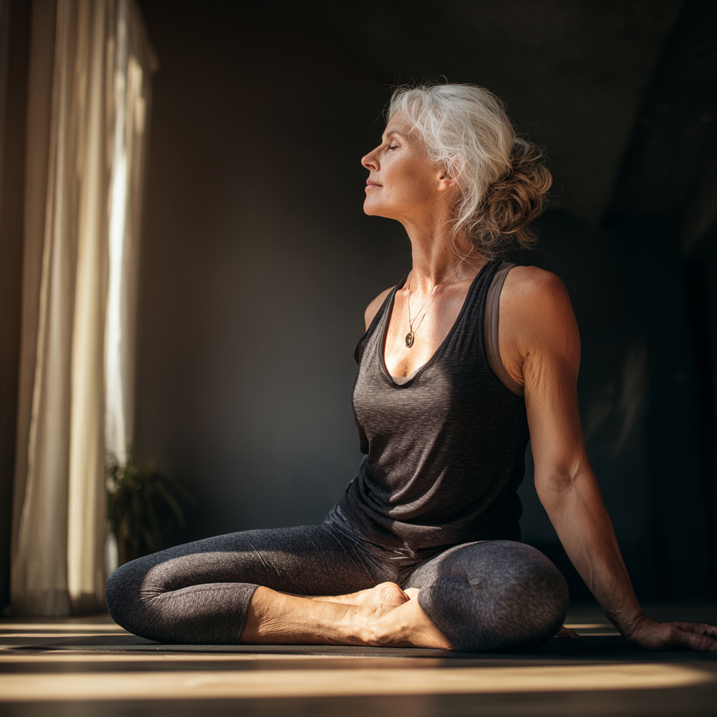 Mature adult practicing gentle yoga poses in natural morning light